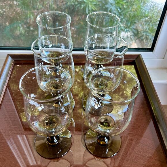 Set of 6 Libbey Stemmed Tulip Glasses Smoky Base 6.5” Vintage Goblets - Picture 1 of 9